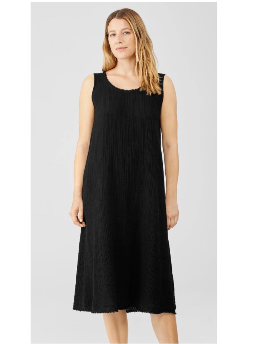 Eileen Fisher Organic Cotton Gauze Scoop Sleeveless A-Line Midi Dress Black 1X